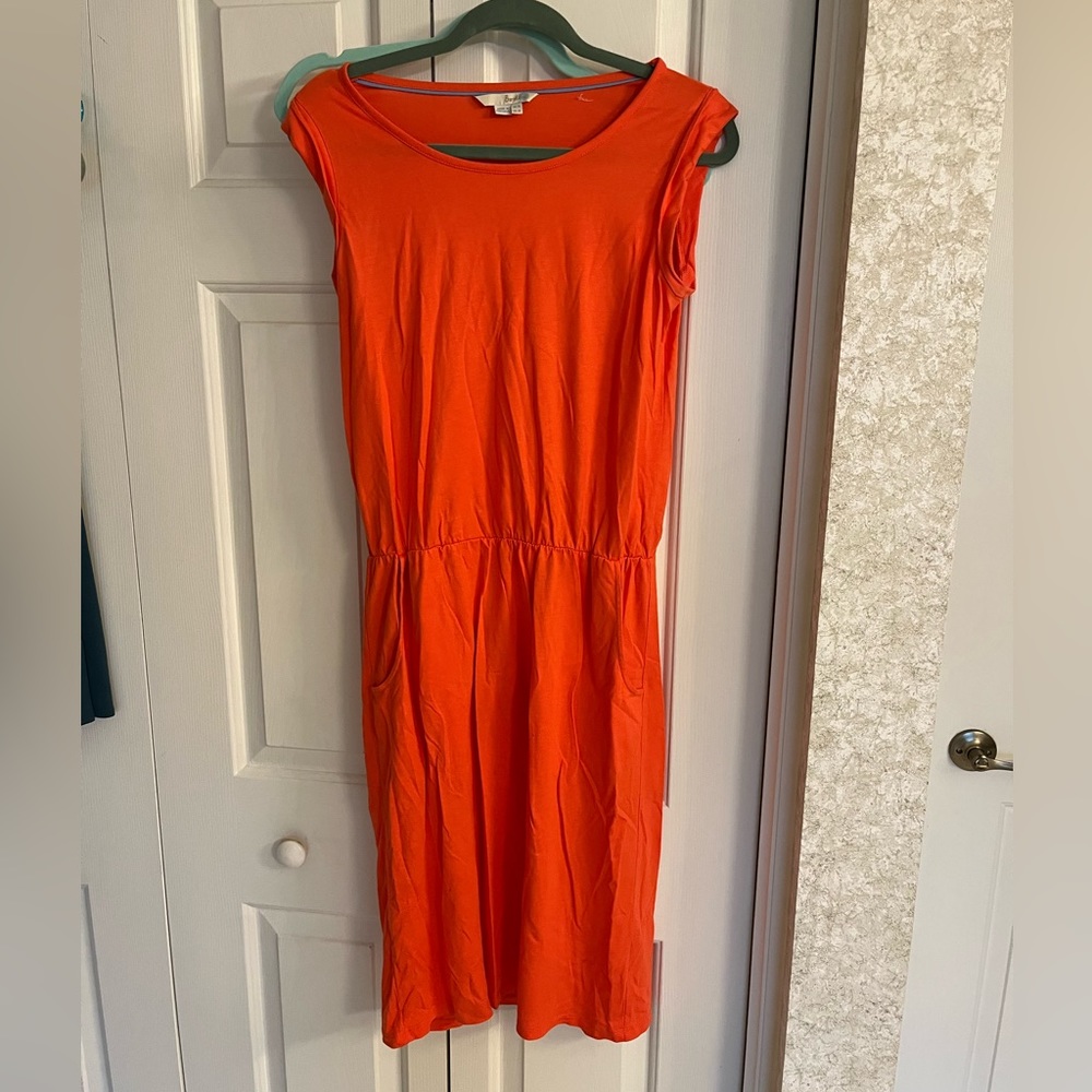 Boden cap sleeve jersey midi dress drop waist pockets orange pink 4L coral tall